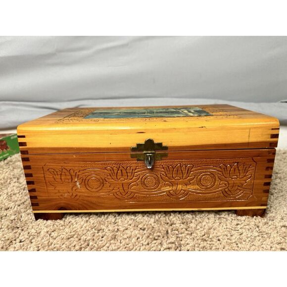 Vintage Cedar Wood Jewelry Box with Scenic Lake Print and Carved Floral Design - Picture 2 of 10
